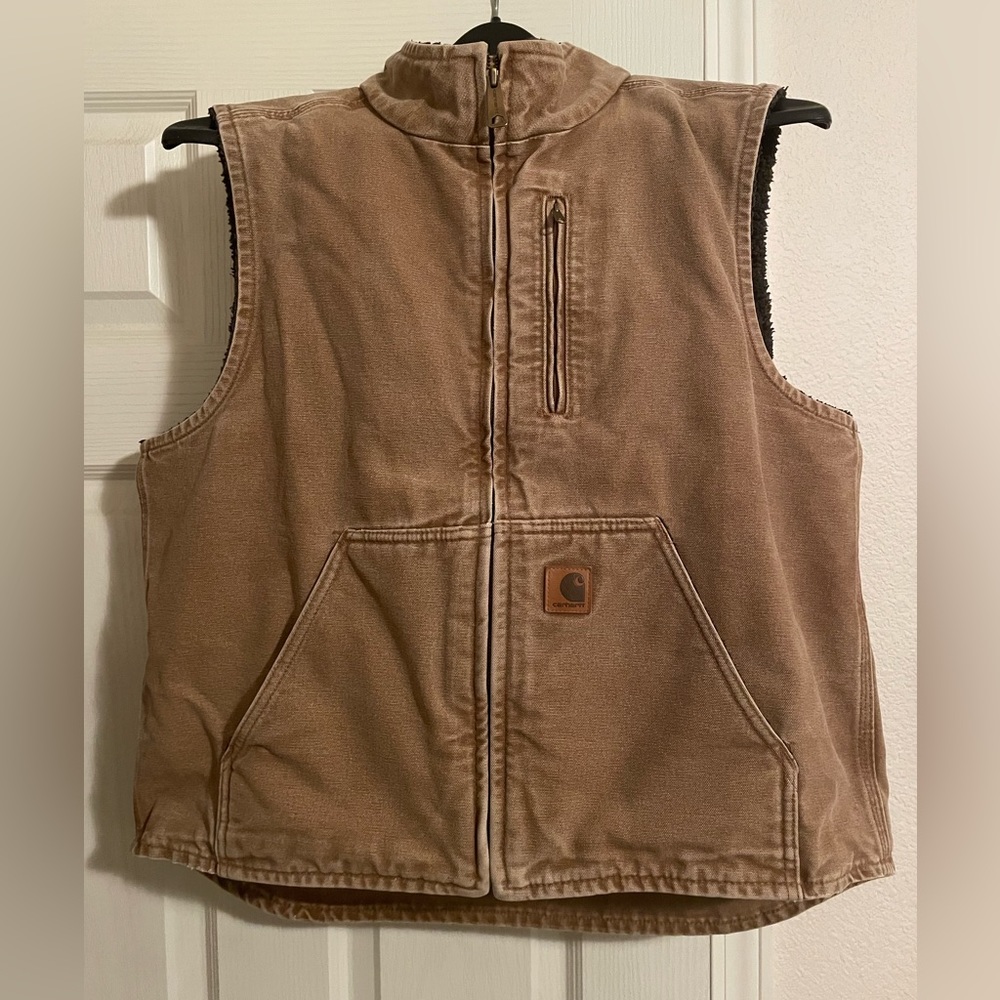 Carhartt brown zip-up vest with a cozy Sherpa inside liner